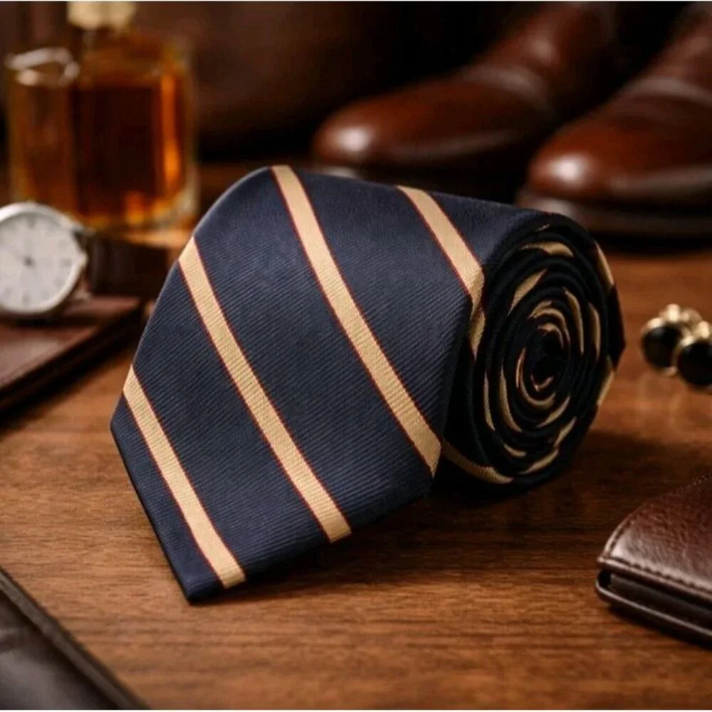 Ed Mitchell Hand Sewn Silk Tie Black Gold Red Stripe English Twill